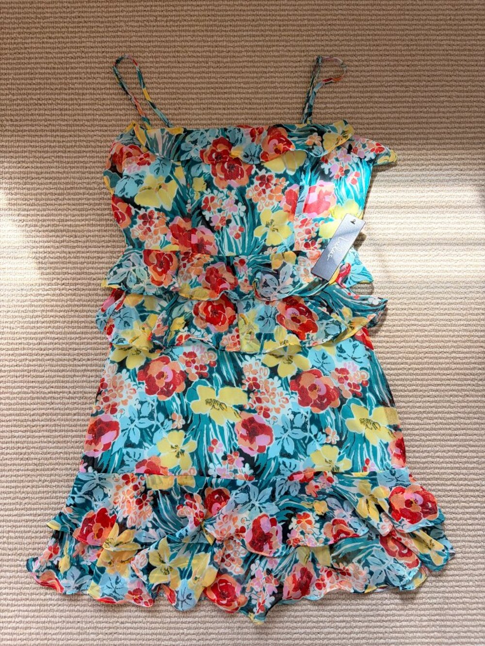 Lulus Teal Red Yellow Floral Tiered Ruffle Mini Dress Spaghetti Strap XS NWT